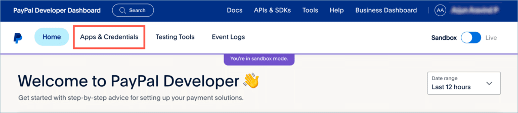 PayPal developer dashboard